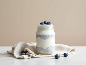 Glass mason jar of layered coconut chia pudding topped with fresh blueberries on concrete surface with linen napkin