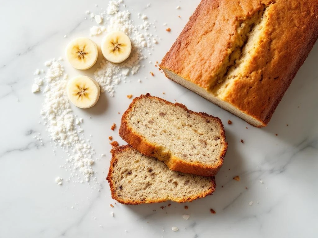 Sliced coconut flour banana bread loaf on white marble with banana pieces and scattered flour in overhead view