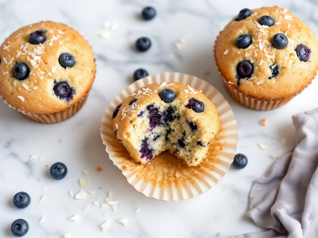 Golden-brown coconut flour blueberry muffins on white marble, one broken open showing moist crumb and berries