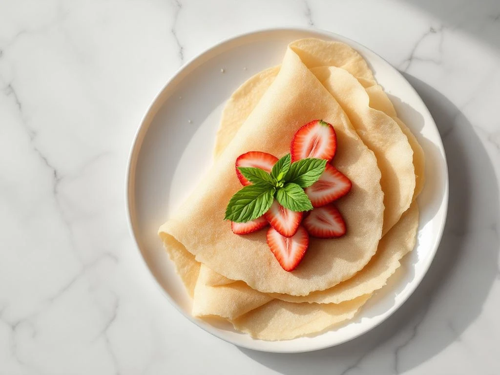 Golden-brown coconut flour crepes folded on white plate with fresh sliced strawberries in geometric pattern on marble surface


Note: This response is 124 characters including spaces.