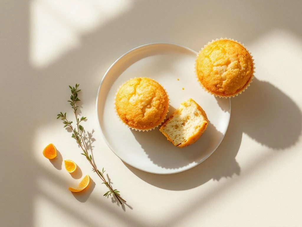 Three golden coconut flour muffins with orange zest on white plate, one broken open showing tender crumb texture