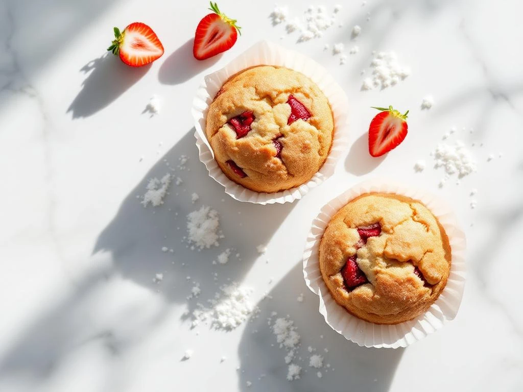 Three coconut flour strawberry muffins with golden tops arranged on white marble with fresh strawberries