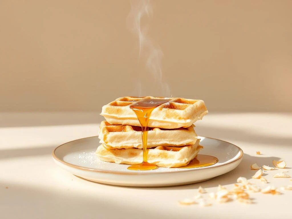 Stack of three golden-brown coconut flour waffles with maple syrup drizzle on white ceramic plate with coconut shavings