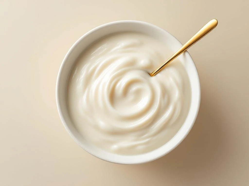 Creamy coconut milk rice porridge in white ceramic bowl with gold spoon, photographed from above on beige background