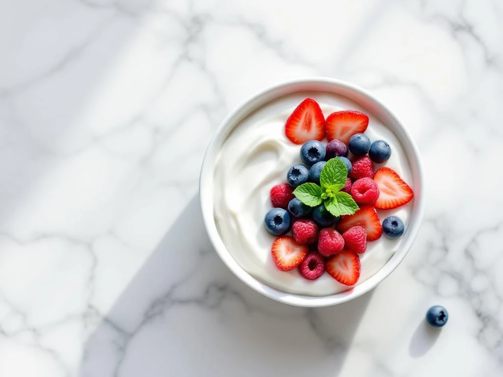 White ceramic bowl of coconut yogurt topped with fresh blueberries, raspberries, and strawberries on marble surface