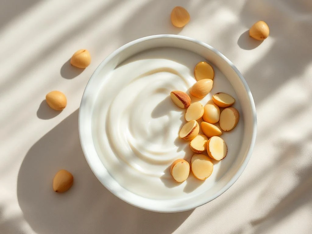 Coconut yogurt bowl topped with macadamia nuts arranged in geometric pattern on beige linen, overhead view
