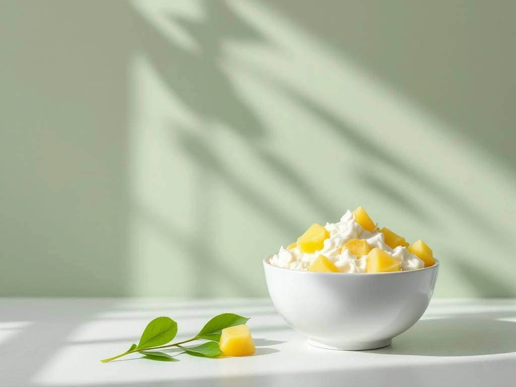 Cottage cheese with pineapple chunks in white bowl on wooden surface with sage green background