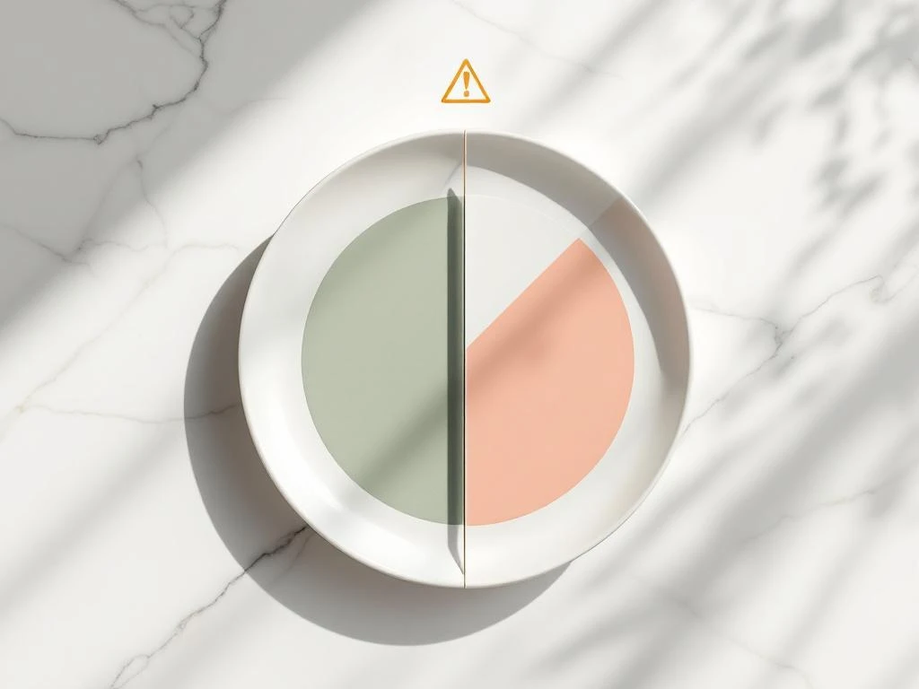 Overhead view of marble surface with plate showing safe foods in sage green and restricted foods in coral with amber warning symbol