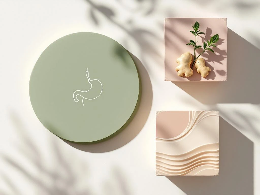 Minimalist overhead layout with digestive system icon, mint and ginger herbs, and calming wave patterns in pastel colors