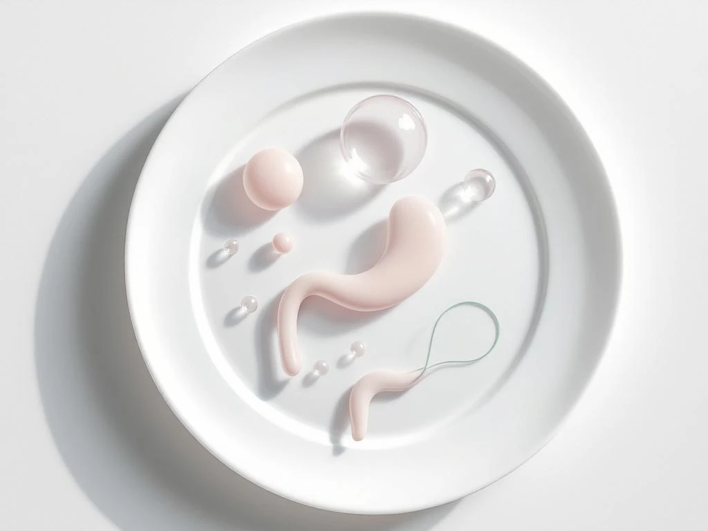 Minimalist overhead view of white plate with pastel geometric shapes representing digestive system and floating translucent bubbles