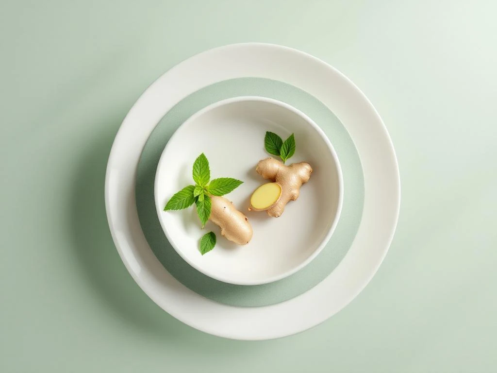 White ceramic bowl with fresh mint and ginger on sage-green background with subtle digestive wellness illustration