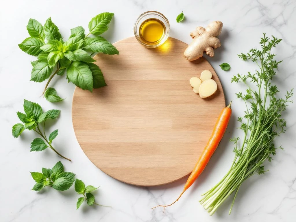 Fresh herbs, carrots, ginger root, and olive oil arranged on marble surface with wooden cutting board for digestive health