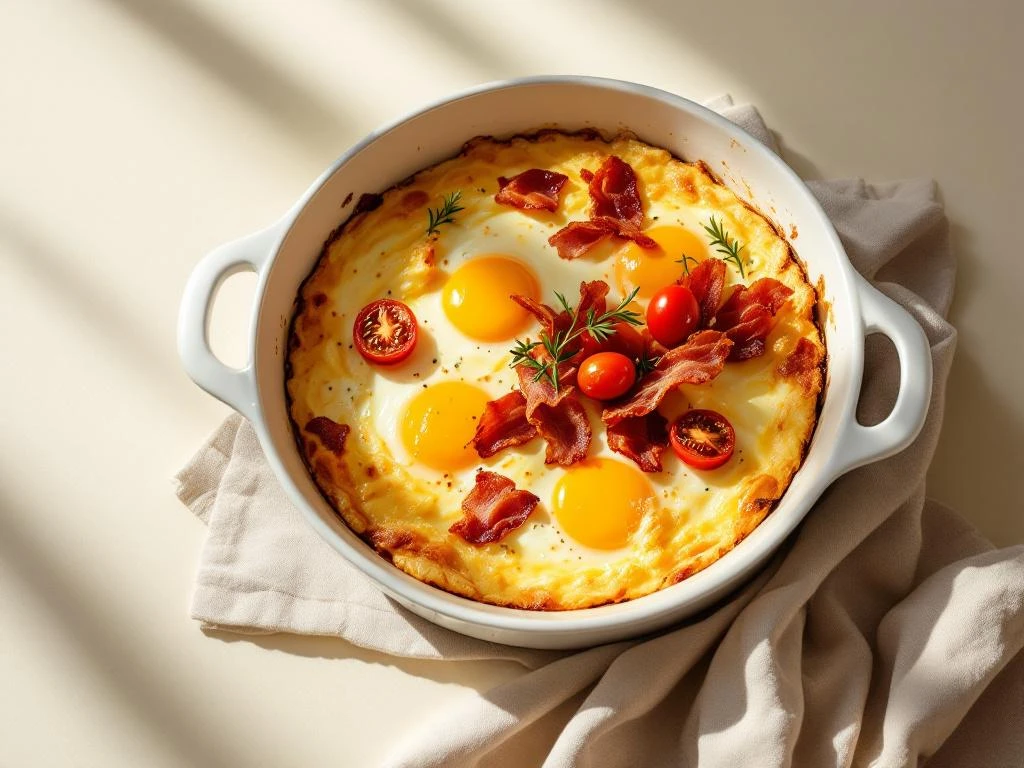 Golden-baked egg casserole with crispy bacon and roasted cherry tomatoes in white ceramic dish on linen cloth