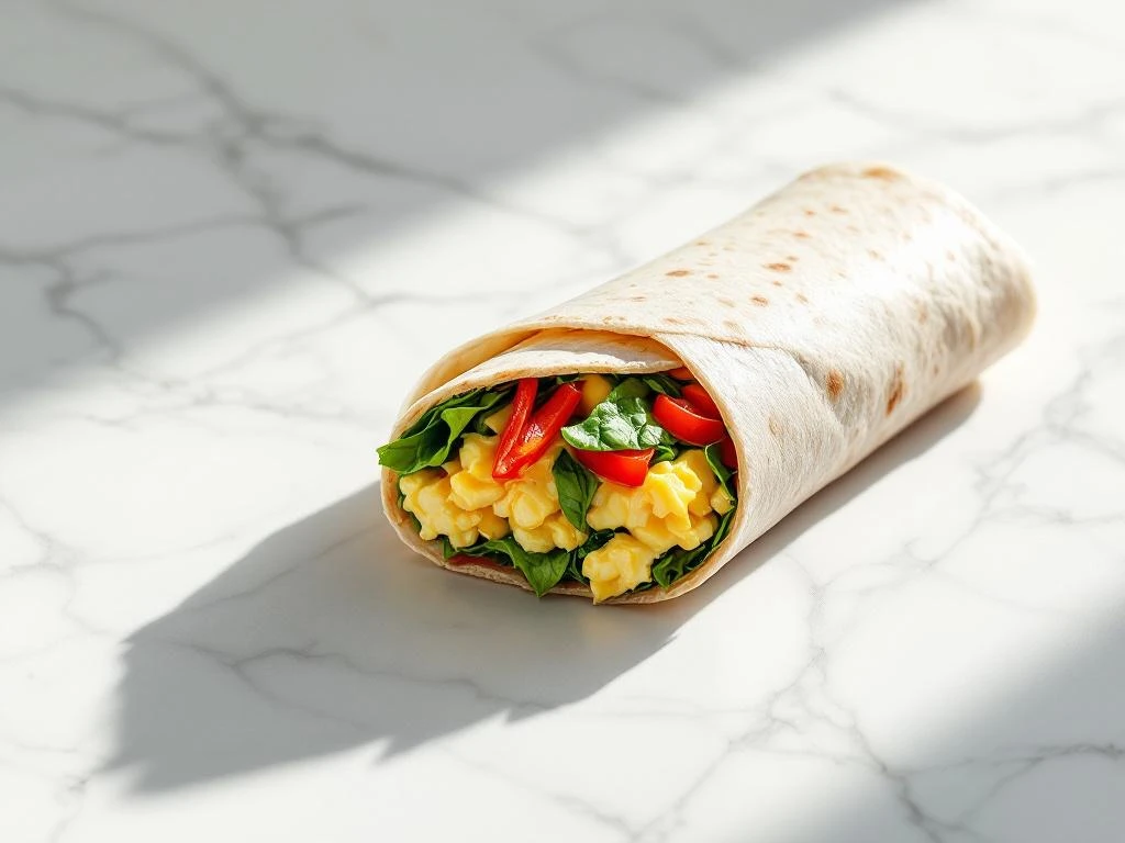 Sliced egg white breakfast burrito on marble showing spinach, red peppers, and scrambled eggs in whole grain tortilla