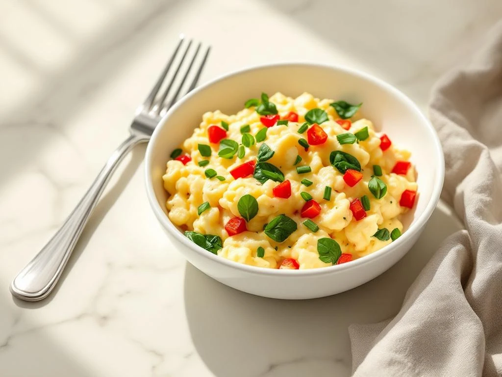 Fluffy egg white scramble with spinach, red bell peppers, and chives in white ceramic bowl on marble surface with fork