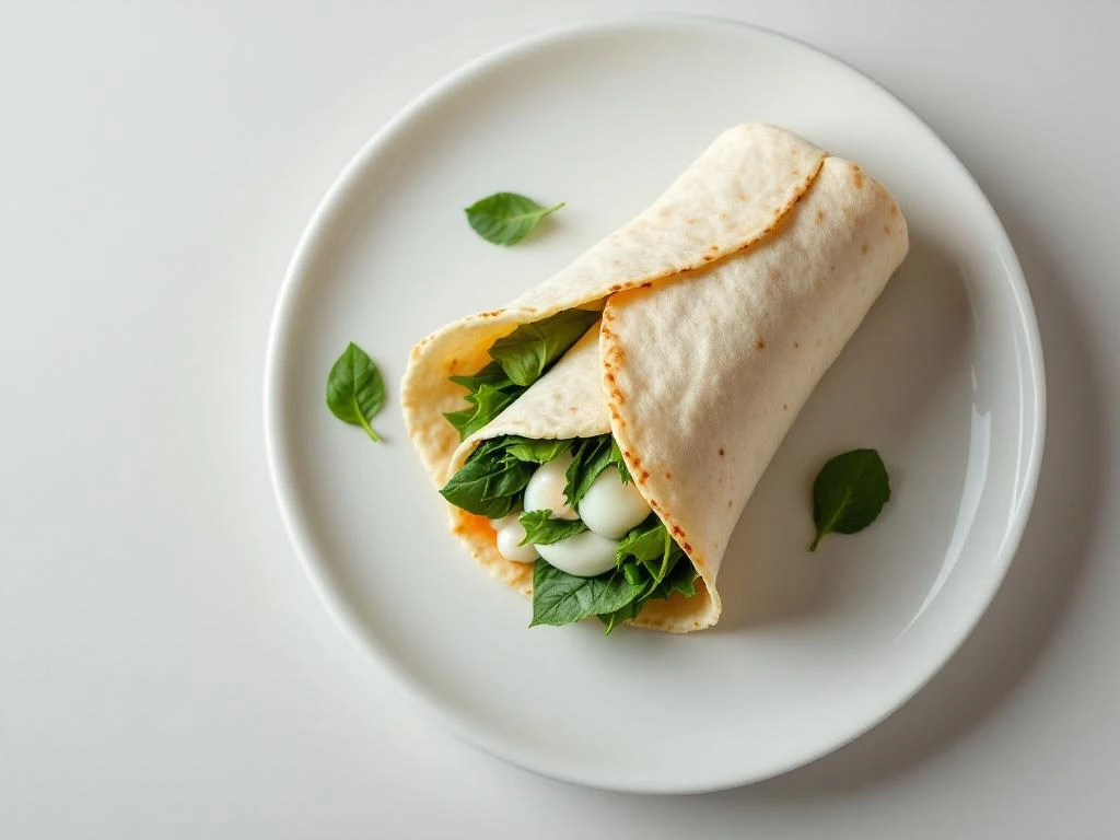 Egg white and spinach wrap on white plate with fresh spinach leaves, overhead view with natural lighting
