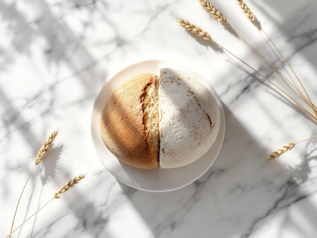 Split artisan bread loaf on marble showing golden wheat and pale sourdough halves with geometric shadows and wheat stalks