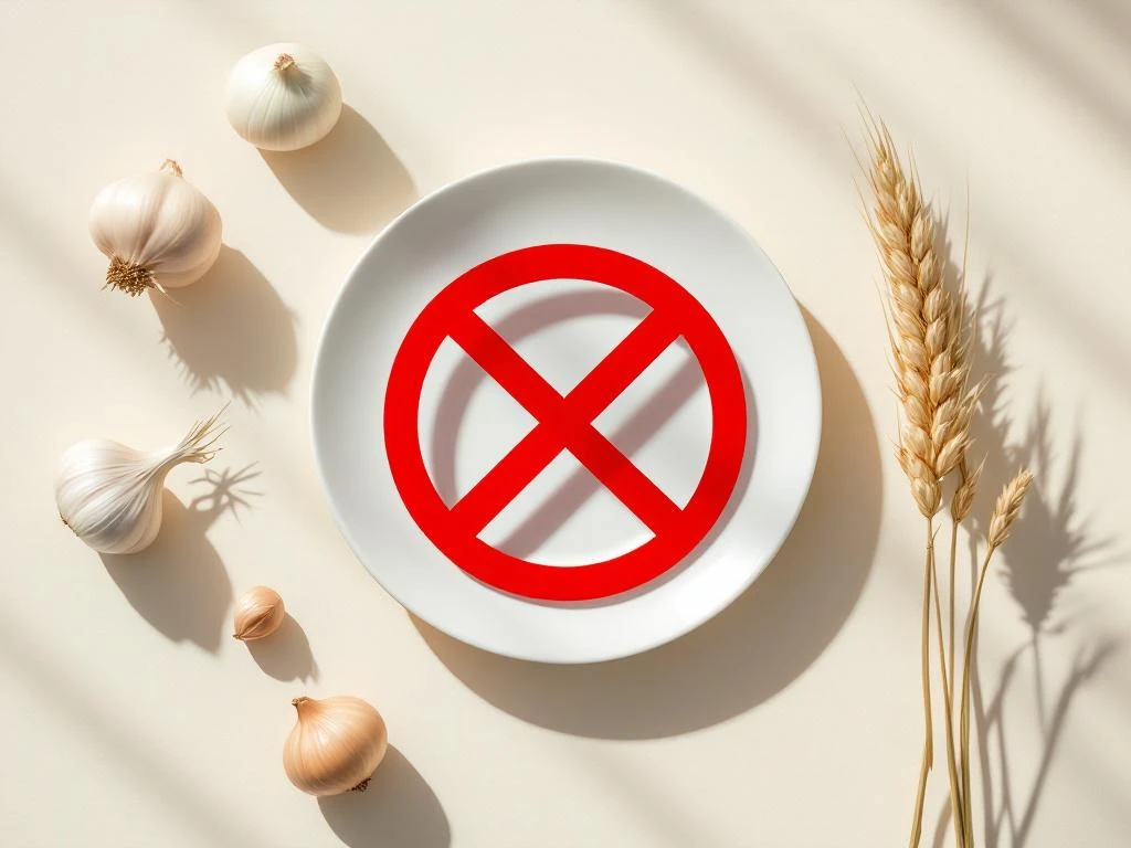 White plate with red prohibition symbol surrounded by high-FODMAP foods including garlic, wheat, and onion on neutral background