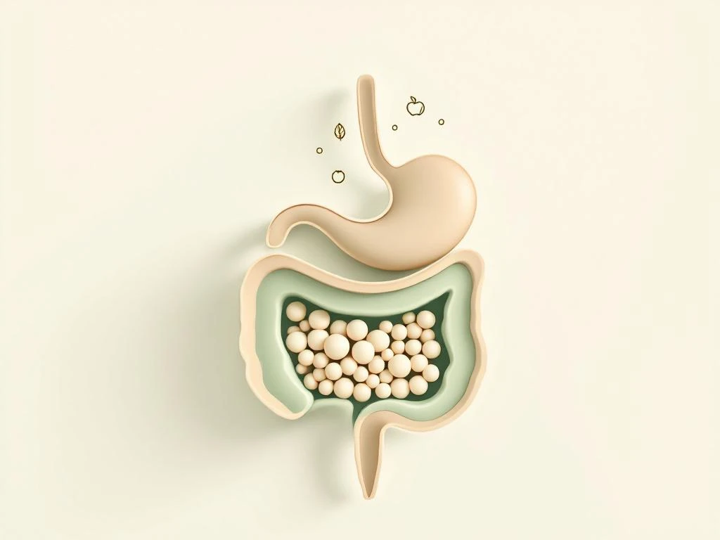 Minimalist digestive system cross-section showing fermentation gas bubbles in intestines with FODMAP food icons above