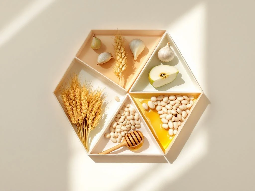 Overhead view of five FODMAP food groups in pentagon layout: wheat, garlic, apple, beans, and honey on cream background