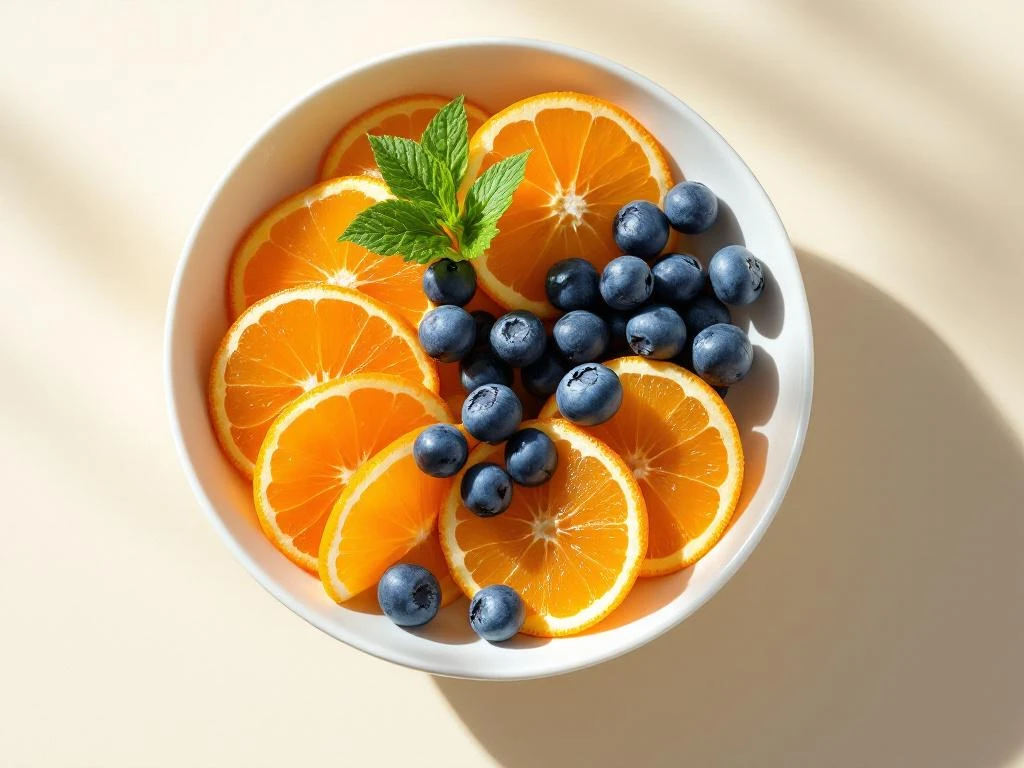 White ceramic bowl with fresh orange citrus segments and blueberries garnished with mint leaf on cream background