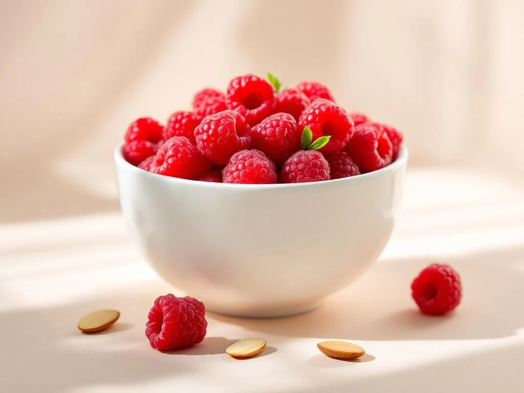 White ceramic bowl filled with fresh raspberries and sliced almonds on cream background with natural lighting