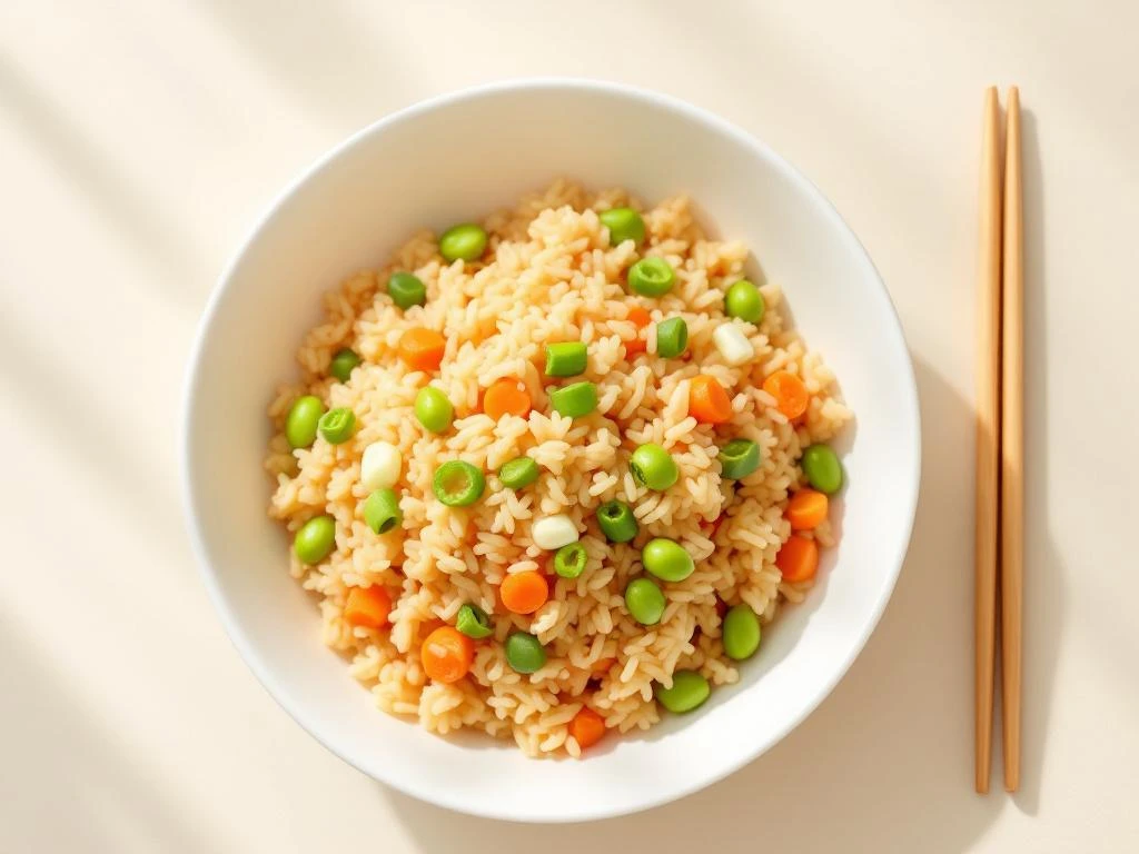 Golden fried rice bowl with scallions, carrots, and edamame, bamboo chopsticks beside on neutral background