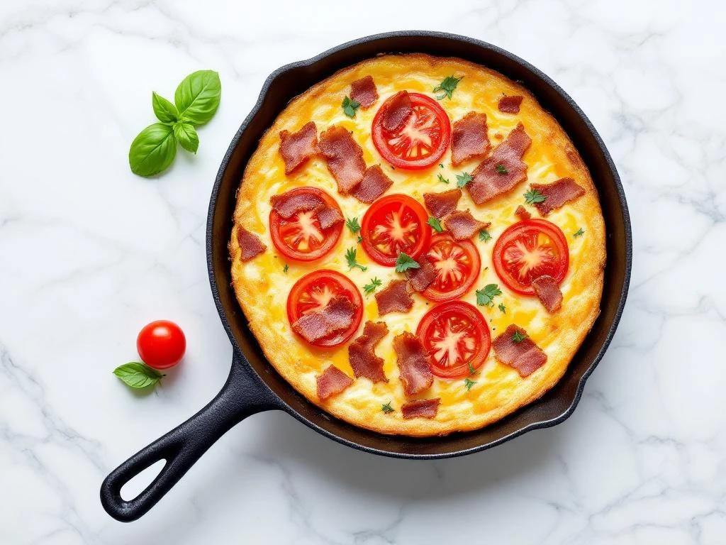 Bacon and tomato frittata in cast-iron skillet on marble surface, topped with geometric tomato pattern and crispy bacon