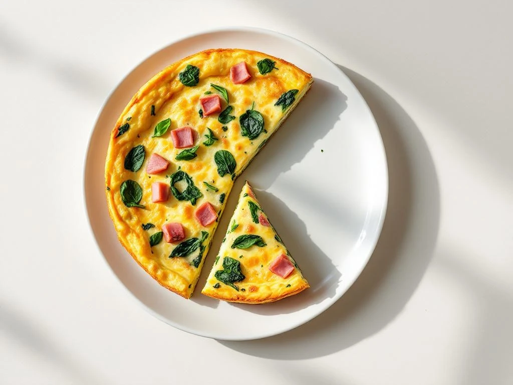 Ham and spinach frittata with one slice cut away revealing colorful layers, photographed overhead on white plate