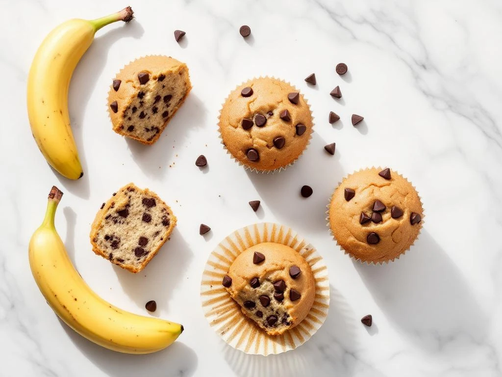 Three gluten-free banana chocolate chip muffins on white marble, one split open showing moist texture