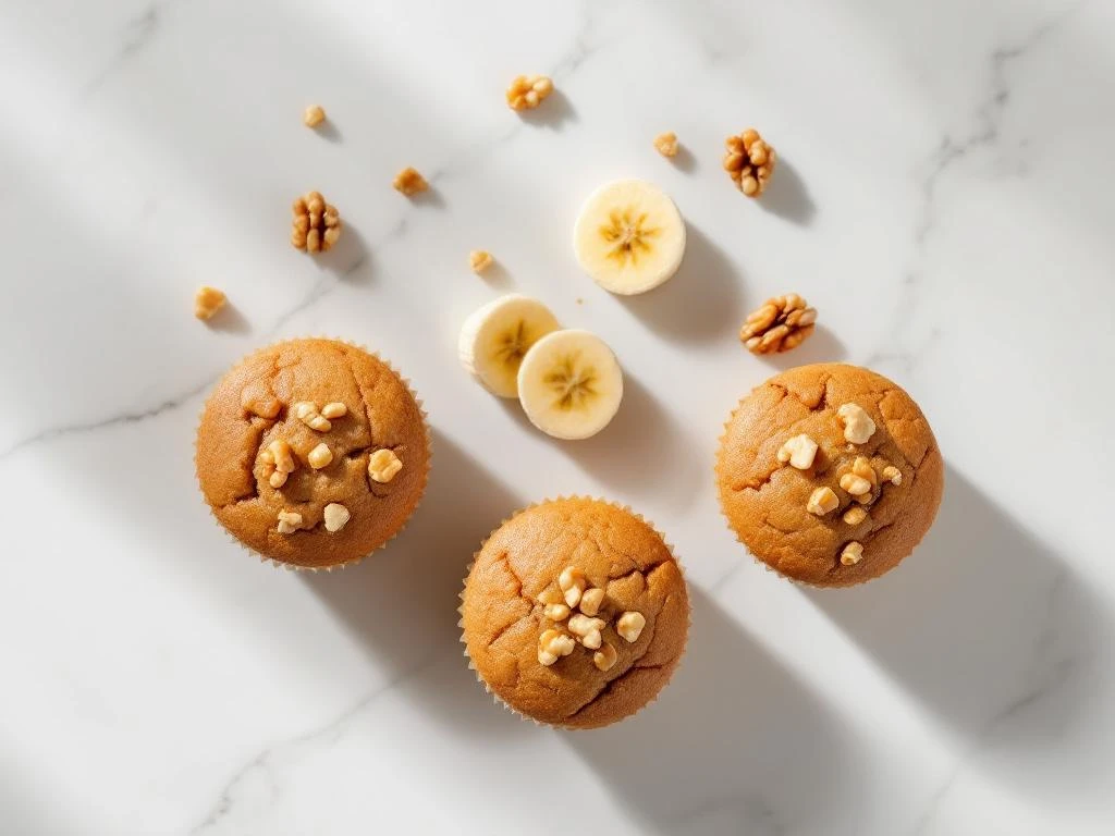 Three gluten-free banana nut muffins with walnuts arranged diagonally on white marble with banana slice