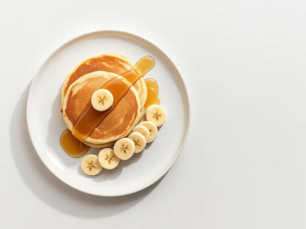 Three golden gluten-free banana pancakes on white plate with fresh banana slices and honey drizzle from above