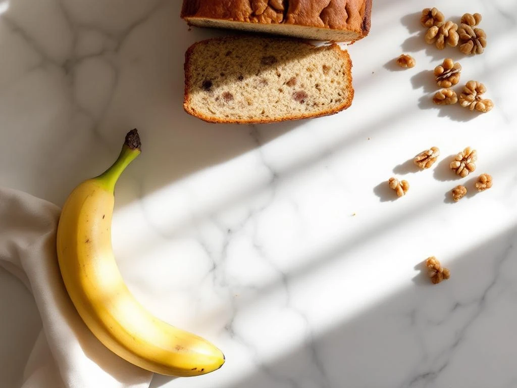 Sliced gluten-free banana walnut bread on white marble with fresh banana and walnuts in natural light