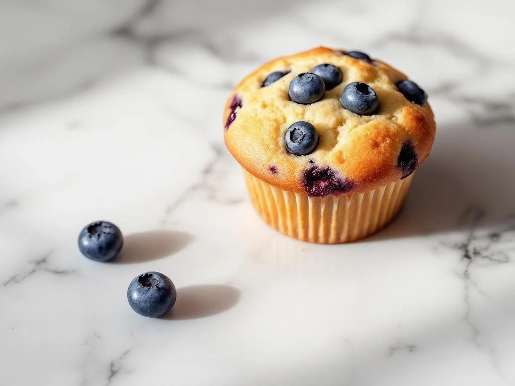 Golden-brown gluten-free blueberry muffin on white marble with fresh blueberries, showing tender crumb texture