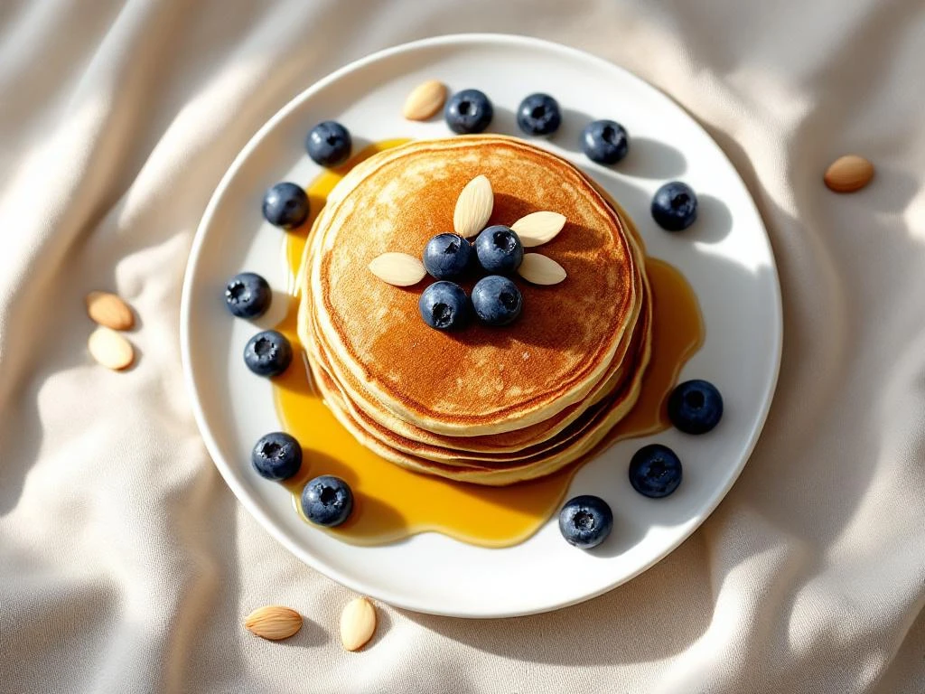 Stack of three gluten-free blueberry almond pancakes with maple syrup, fresh berries, and sliced almonds on white plate