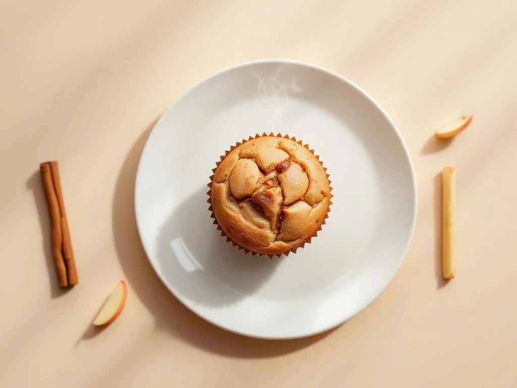 Gluten-free cinnamon apple muffin on white plate with apple slice and cinnamon stick garnish on beige background