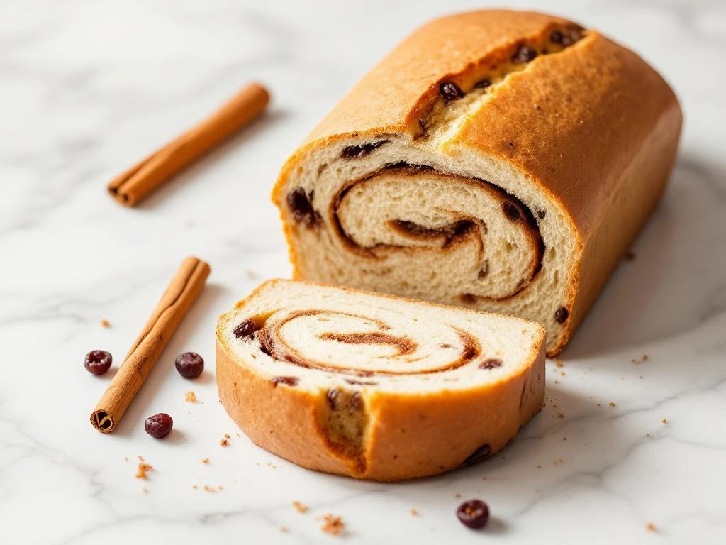 Sliced gluten-free cinnamon raisin bread with swirled interior on white marble, garnished with cinnamon stick and raisins