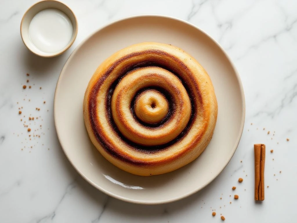 Gluten-free cinnamon roll with spiral swirls on beige plate, white marble surface, glaze dish and cinnamon sticks nearby