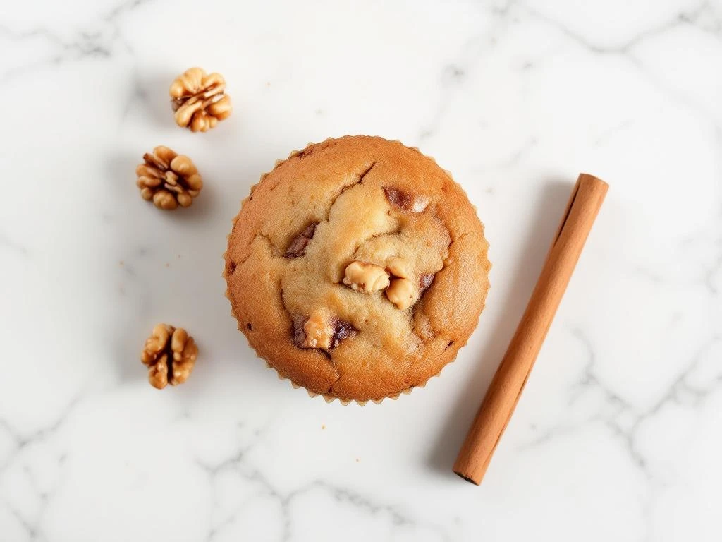 Gluten-free cinnamon walnut muffin from above on white marble with walnuts and cinnamon stick arranged around it


Note: This response is 120 characters and follows all requirements by starting with the main subject, including key descriptive elements and dietary information, while staying under the character limit.