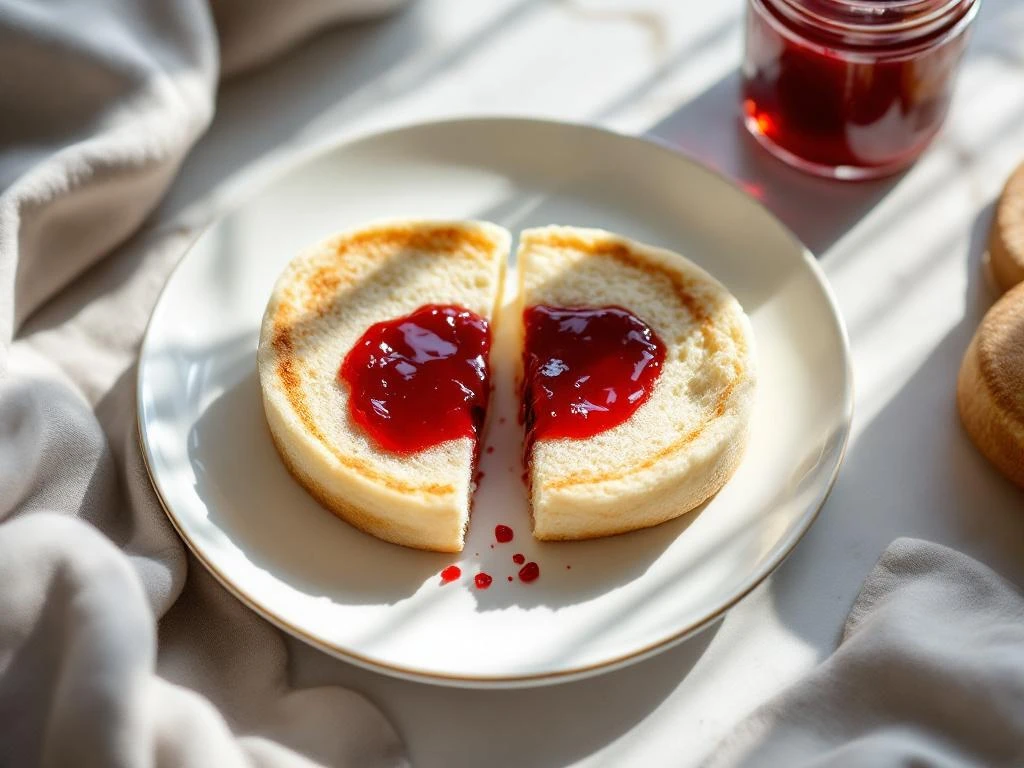 Gluten-free English muffin split in half with red jam on white plate, jam jar in background