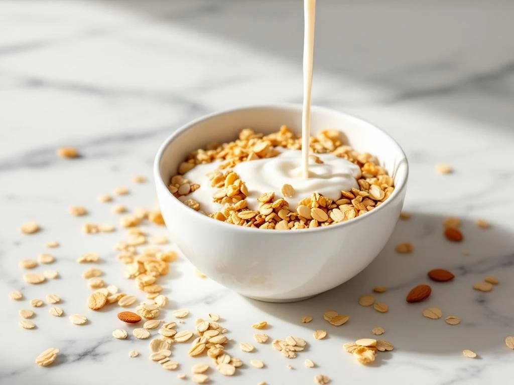Gluten-free granola in white bowl with almond milk pouring in, surrounded by oats and almonds on marble surface