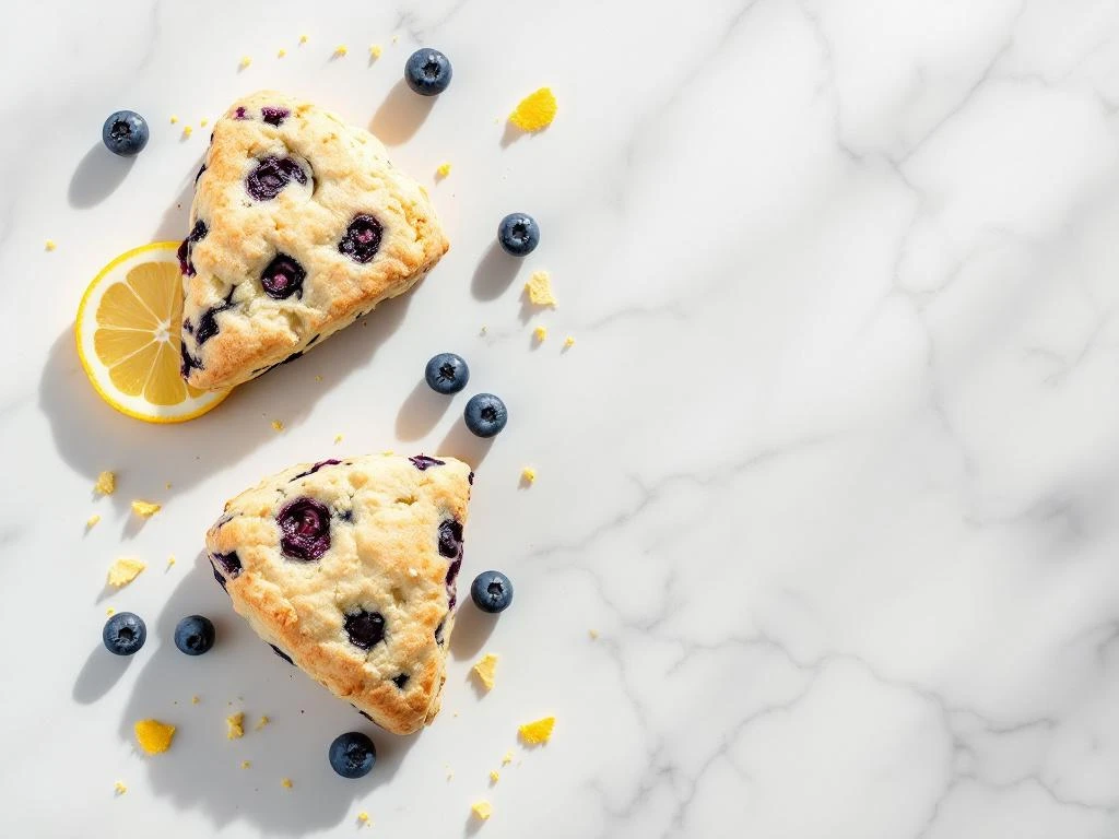 Three gluten-free lemon blueberry scones on white marble with fresh blueberries, lemon zest, and lemon slice accent