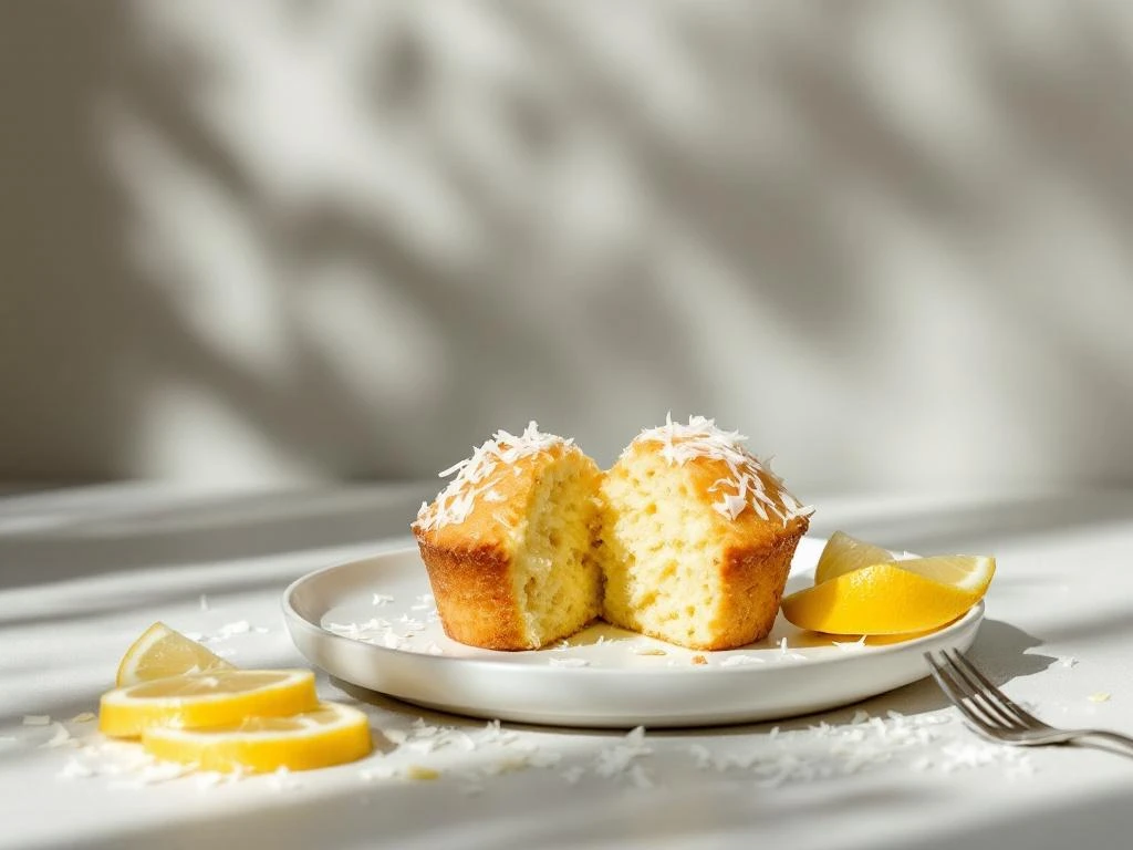 Gluten-free lemon coconut muffin split open on white plate showing moist crumb with coconut flakes and lemon slices