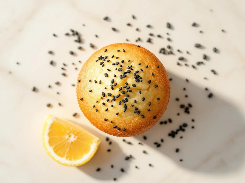 Gluten-free lemon poppy seed muffin with fresh lemon half and scattered seeds on pale stone surface