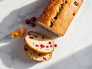 Sliced gluten-free orange cranberry bread on white marble with fresh cranberries and orange peel garnish