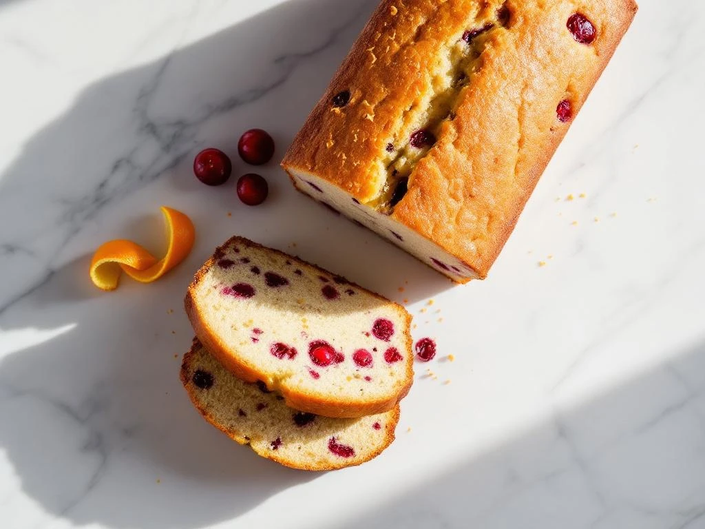Sliced gluten-free orange cranberry bread on white marble with fresh cranberries and orange peel garnish