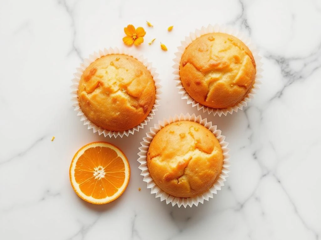 Three gluten-free orange muffins with zest arranged on white marble with orange slice and blossom garnish