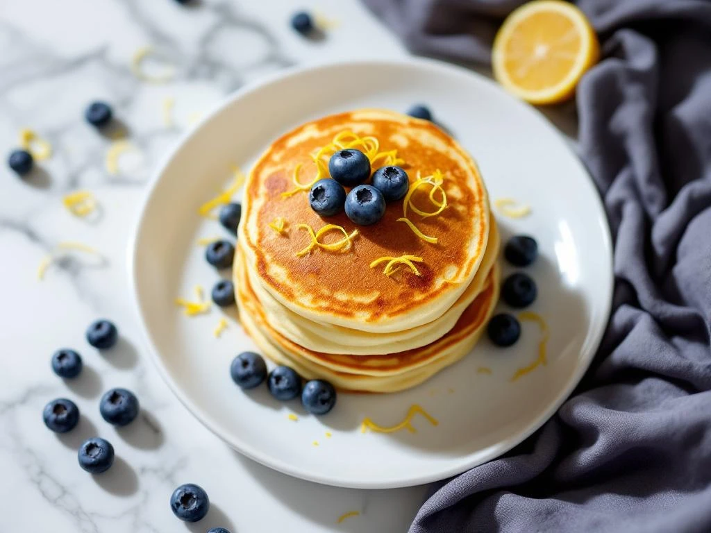Stack of three golden gluten-free pancakes topped with fresh blueberries and lemon zest on white plate