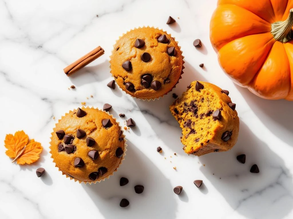 Three gluten-free pumpkin chocolate chip muffins on white marble, one broken open showing moist texture with cinnamon stick accent