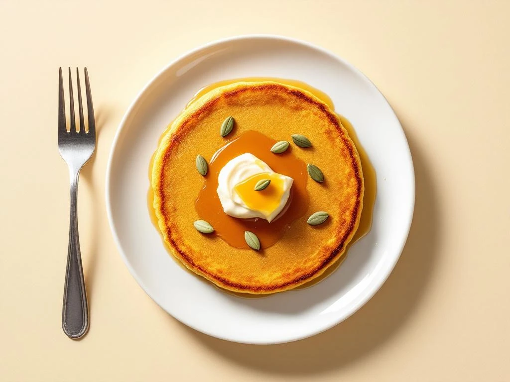Round gluten-free pumpkin pancake on white plate with maple syrup, pumpkin seeds, and silver fork from above.